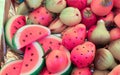 Watermelons, kiwis and marzipan persimmons in a candy store Royalty Free Stock Photo