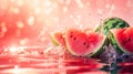 Watermelons Splashing in Water Against a Light Red Backdrop. Juicy Delight. Watermelons Background Royalty Free Stock Photo