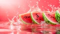 Watermelons Splashing in Water Against a Light Red Backdrop. Juicy Delight. Watermelons Background Royalty Free Stock Photo