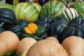 Watermelons and squash on display at a farmers market