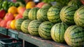 Watermelons in wooden container on supermarket shelf. watermelon on street market. Summer Fruits for healthy diet. Fresh Royalty Free Stock Photo
