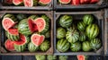 Watermelons in the wooden container on supermarket shelf. watermelon on street market. Summer Fruits for healthy diet Royalty Free Stock Photo