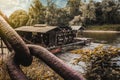 Watermill during golden hour sunset with blue sky