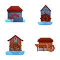 Watermill icons set cartoon vector. Wooden structure that uses river hydropower