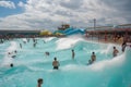 waterpark with huge wave pool, with waves crashing and people jumping in