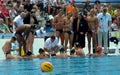 Waterpolo ball in the focus, the german waterpolo team in the background