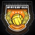 Waterpolo ball in the middle of gold wreath in center of shield. Sport logo for any team Royalty Free Stock Photo