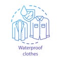 Waterproof clothes textiles concept icon. Moisture resistant raincoat idea thin line illustration. Hydrophobic fabric