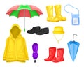 Waterproof Clothes and Things for Rainy Weather Condition with Yellow Raincoat and Rubber Boots Vector Set