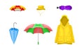 Waterproof Clothes and Things for Rainy Weather Condition with Yellow Raincoat and Umbrella Vector Set