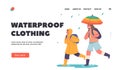 Waterproof Clothing Landing Page Template. Happy Kids Run under Umbrella, Boy in Raincoat and Girl Characters