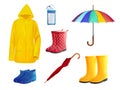 Waterproof clothing. Realistic rain gear autumn season clothes, funny yellow raincoat umbrella wellies for wet puddle