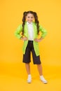 Waterproof concept. Small schoolgirl wear water resistant clothes. Cute schoolgirl feel protected. Happy schoolgirl wear