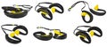 Waterproof earphones, yellow and black, beaded with water on a b