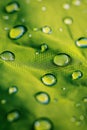 Waterproof green fabric water droplets beading up on surface, creating abstract pattern. Blurred background highlights textured Royalty Free Stock Photo