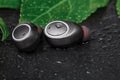 Waterproof headphones, earphones black, beaded with water. Headphones for running in the rain