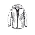 Waterproof jacket for hiking, retro black and white hand drawn illustration.