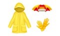 Waterproof Raincoat or Yellow Mackintosh and Gloves Vector Set