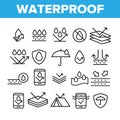 Waterproof, Water Resistant Materials Vector Linear Icons Set