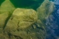 The waters of the basalt lake, the stones in the lake are covered with algae, clear and pure water