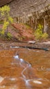 The waters of the Left Fork in the Subway hike in Zion national park flow over red sandstone creating a zigzag pattern