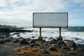 Waterside emptiness Billboard against sandy shore, overlooking the vast sea
