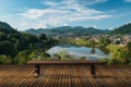 Waterside retreat Empty wooden table with a tranquil lake vista