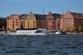 Waterside settlement full of iconic buildings at port of Kungsholmstorg brygga in Stockholm, Sweden