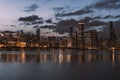 Waterside view of downtown Chicago cityscape in the evening