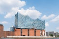 Waterside view of Elbphilharmonie concert hall with Elbe River against blue summer sky