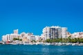 Waterside view to San Antonio de Portmany harbor Royalty Free Stock Photo