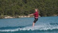 Waterskiing happy emotions, water ski summer activity on vacations, holidays.