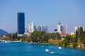 Waterskiing in Vienna with modern city skyline on background