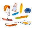 Watersport items, surfboards, tubes, windsurfing water ski wakeboard kite, paddleboard graphics Royalty Free Stock Photo