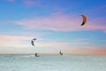 Watersports on the Caribbean Sea at Palm Beach at Aruba at sunset Royalty Free Stock Photo