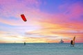 Watersports at Palm Beach on Aruba in the Caribbean Sea at sunset