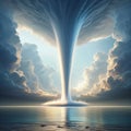 A waterspout descending on a serene lake, creating a mesmeriin