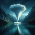 A waterspout descending on a serene lake, creating a mesmeriin