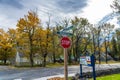 Waterton Village. Town street signpost in autumn season.