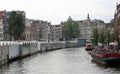 waterway in Amsterdam and houseboats with the flower market