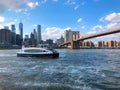 Waterway Boat at Lower Manhattan, next to Brooklyn Bridge, New York.