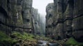 Gloomy Metropolises: Green Moss Canyon In Yorkshire Royalty Free Stock Photo
