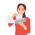 Watery eyed woman holding facial tissue box. Crying woman broken heart