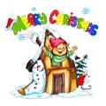 Watercolor Christmas illustration with an elf with red hat and his friend the snowman Royalty Free Stock Photo