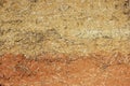 Wattle-and-daub wall of a residential village house made of straw and two kinds of clay of different colors.