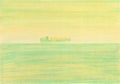 Pastel Drawing background. Cargo ship floating on the sea