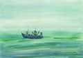 Watercolor background. Funny boat floating on the sea. Royalty Free Stock Photo