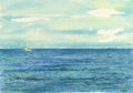 Watercolor background. Yacht floating on the sea.