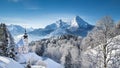 Watzmann mountain with pilgrimage church of Maria Gern in winter Royalty Free Stock Photo