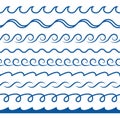 Wave borders. Seamless pattern decorative dividers blue ocean or sea waves marine symbol, water elements, curved line Royalty Free Stock Photo